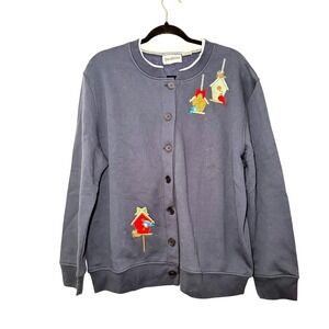 Embroidered Birdhouse Cardigan Women XL Button Front Cottage Nature Folk‎ Whimsy